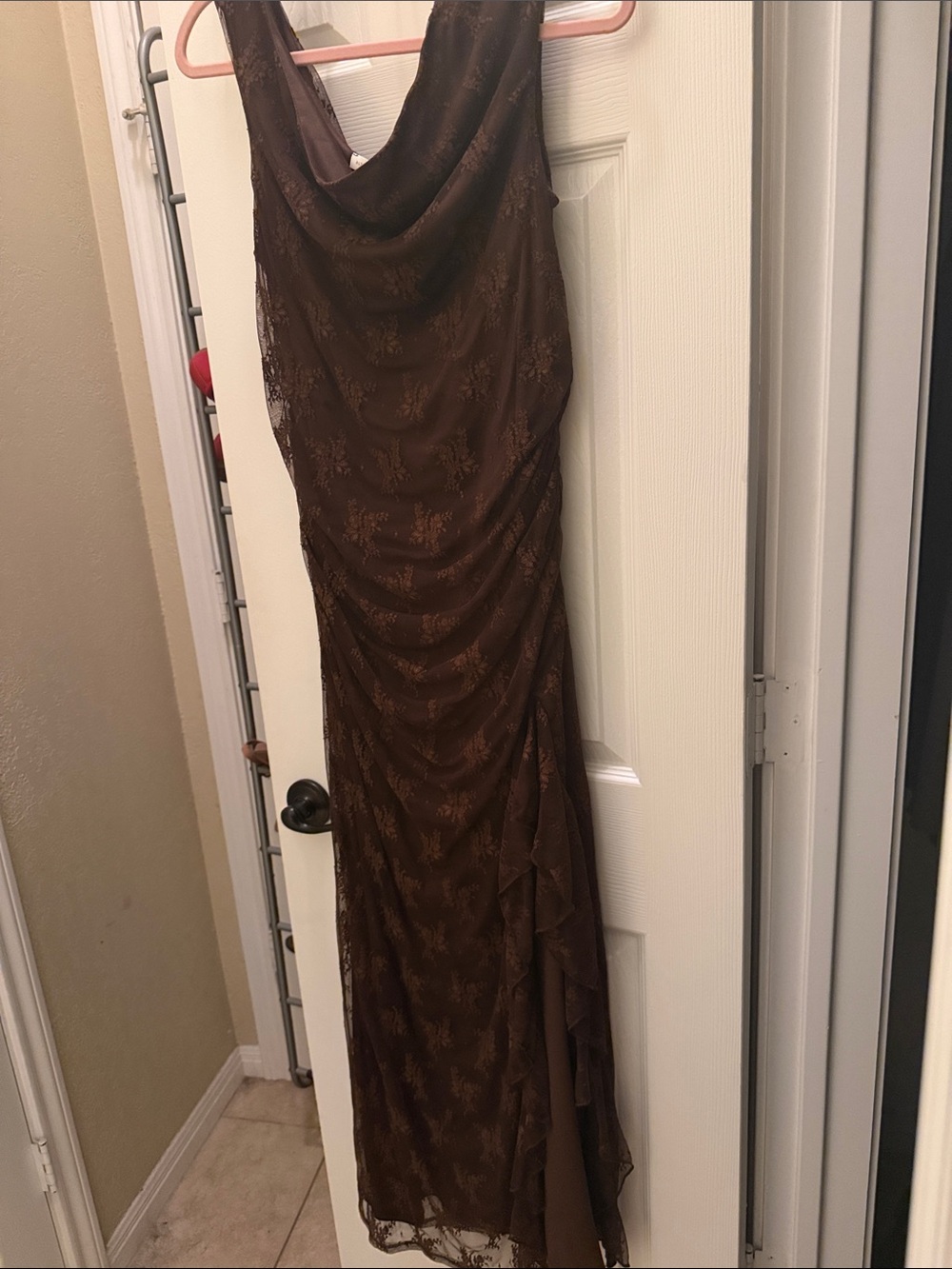 Altar'd State Brown Lace Cowl-Neck Maxi Dress